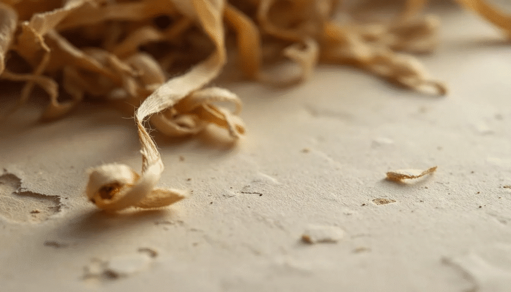 A close-up view of handmade paper fibers reveals intricate textures and natural variations, showcasing the artistry of paper pulp created by skilled hand papermakers. This image highlights the unique characteristics of recycled paper materials, emphasizing their potential as an art medium.