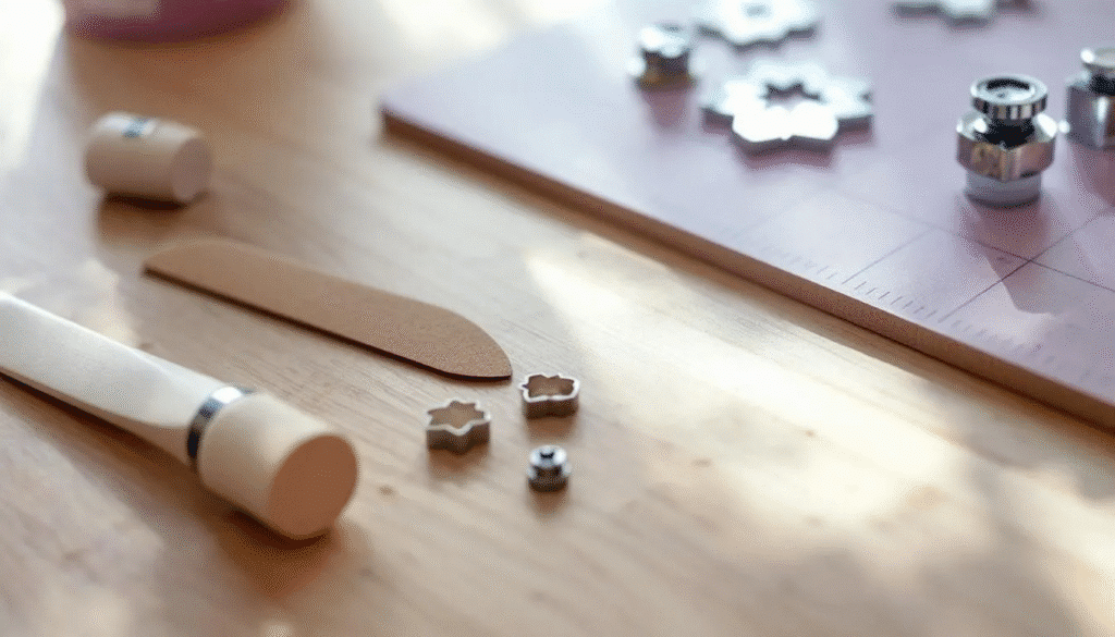 A collection of specialized paper crafting tools, including bone folders, scoring boards, and decorative punches, is neatly arranged on a work surface, showcasing essential supplies for scrapbook paper projects and card making. This setup inspires creativity and highlights the variety of tools available for paper crafts enthusiasts.