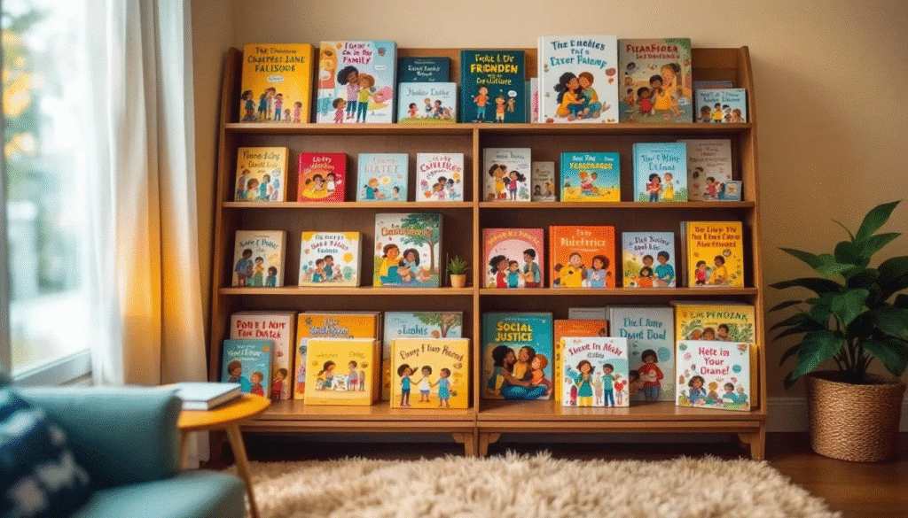 In the image, a young girl is surrounded by a colorful collection of themed story books that explore friendship, family, and adventure. Each book features diverse characters and captivating tales, inviting readers of all ages to embark on a journey of discovery and understanding.