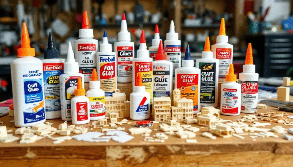 The image shows a variety of craft glues, including bottles of hot glue, glue sticks, and tubes of rubber cement, neatly arranged on a workbench alongside paper model parts, showcasing tools essential for paper crafting and creating paper models. Various types of glue, such as tacky glue and PVA glue, are displayed, highlighting their use in different craft projects.