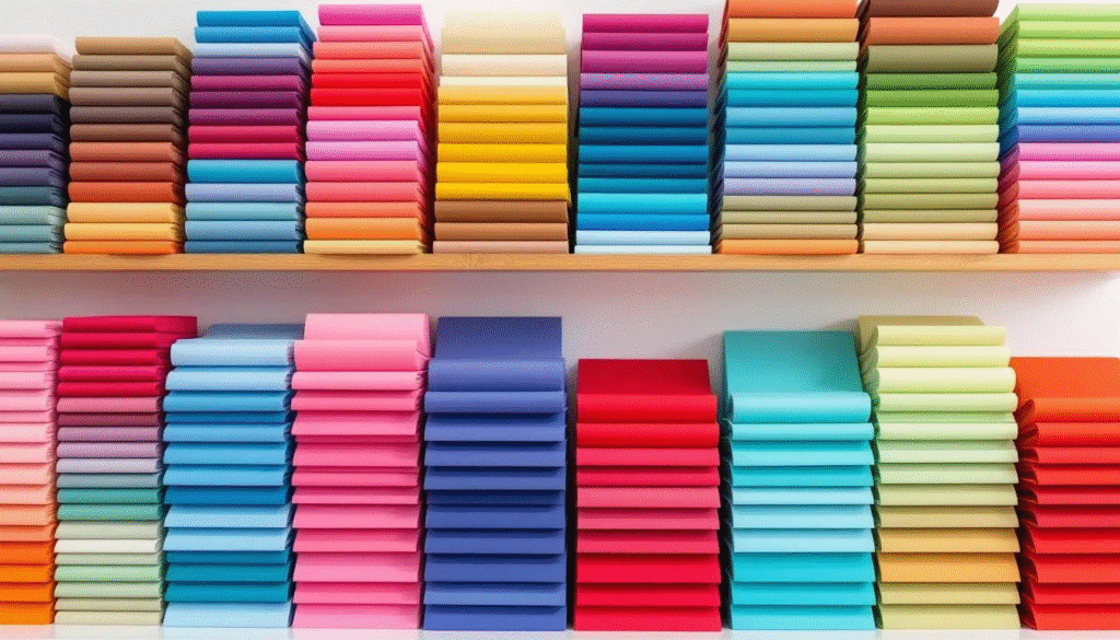 In a craft store, an organized display showcases a vibrant collection of quality cardstock papers arranged by color families, perfect for various paper crafts and scrapbooking projects. The colorful assortment invites creativity and inspiration for crafting enthusiasts.