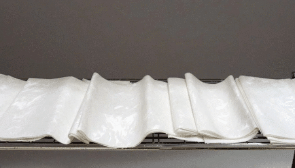 The image shows freshly made wet paper sheets laid out on a drying rack, allowing for good air circulation to facilitate the drying process. The sheets, which are part of a homemade paper project, are evenly spaced on a flat surface, ensuring they dry slowly and evenly.