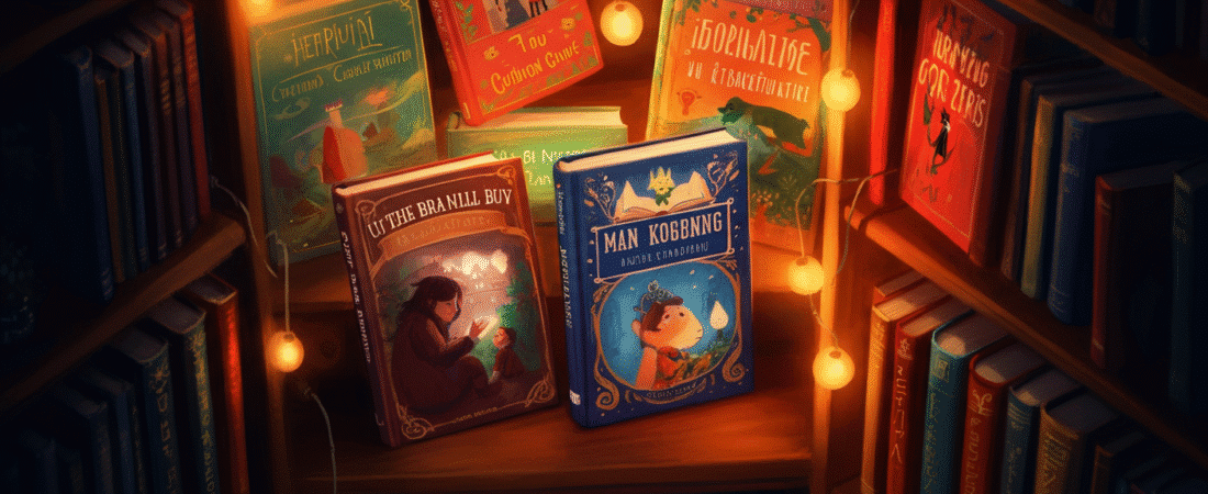 Story books simply paper crafts Illustration of a cozy dimly lit bookshelf featuring several richly illustrated glowing fantasy books evoking wonder comfort and the magic of storytelling