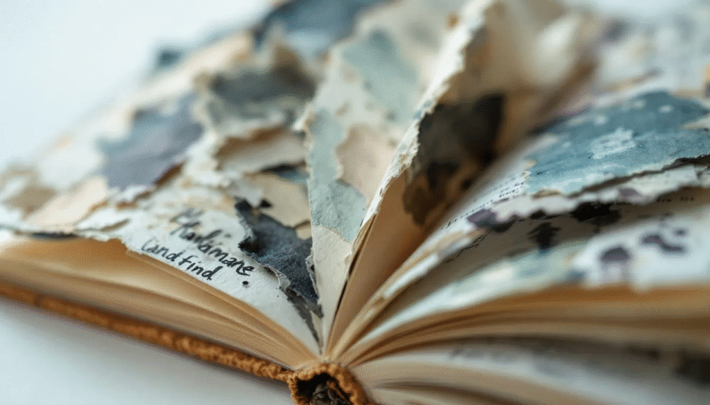 An artistic book object features layers of handmade paper and mixed media elements, showcasing the creativity of paper artists. The unique forms and textures highlight the use of recycled materials and paper pulp, transforming them into a captivating art medium that invites exploration and appreciation.
