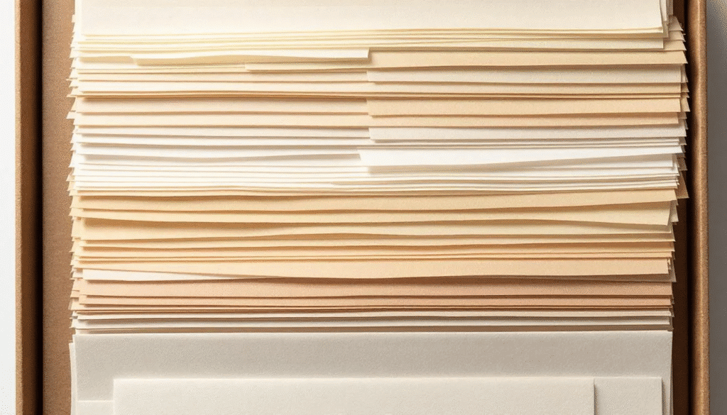 The image shows a collection of finished handmade papers stored flat in an organized portfolio system, showcasing various sheets of recycled paper, each with a smooth surface. The portfolio allows for proper air circulation, ensuring the drying process for homemade paper is efficient and that the sheets remain in pristine condition.