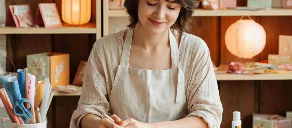 Diy paper gift in workshop simply paper crafts A woman creating diy paper crafts gifts