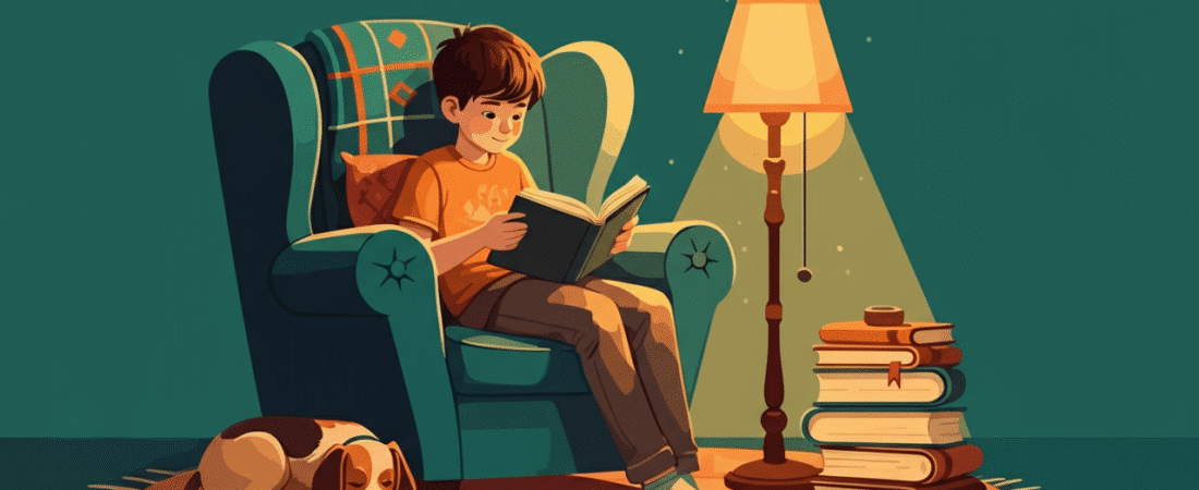 Easy reader series simply paper crafts Illustration depicting a young boy engrossed in reading in a cozy armchair surrounded by books and a small dog under a warm lamp light promoting literacy and comfort