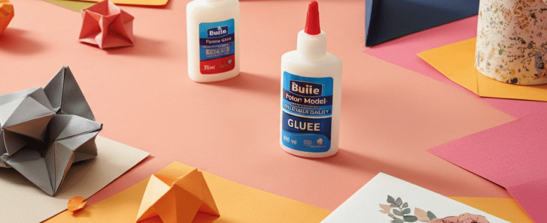 Glue for paper models simply paper crafts Photograph showcasing two glue bottles amidst colorful origami shapes and craft papers on a peach surface highlighting creativity and DIY projects