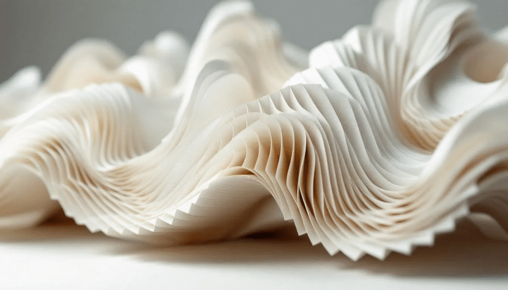 A dynamic kinetic paper sculpture showcases accordion-like patterns, expertly crafted from handmade recycled paper, demonstrating the innovative techniques of paper artists. The artwork expands and contracts, creating new shapes that bring the material to life, inviting viewers to explore the beauty of hand papermaking.
