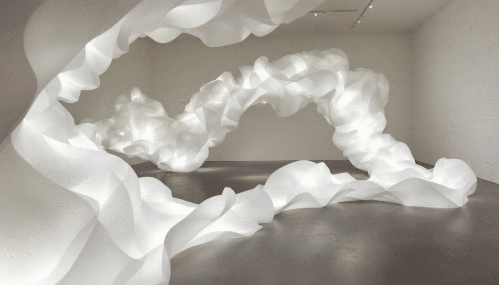 In a spacious gallery, a large-scale installation of handmade paper sculptures showcases innovative forms and shapes created from recycled materials and paper pulp. This artistic display highlights the craftsmanship of paper artists, inviting viewers to explore the textures and identities of the art medium.