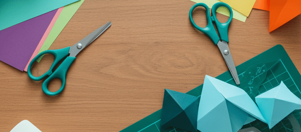 Paper craft supplies simply paper crafts Photograph of a vibrant flat lay craft setup on a wooden table featuring colorful origami shapes paper sheets and crafting tools evoking creativity and joy