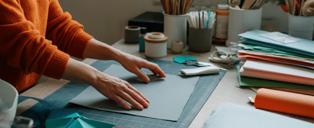 Papermaking artist simply paper crafts Photograph of a persons hands engaged in paper crafting on a well organized desk filled with colorful supplies evoking creativity and focused work