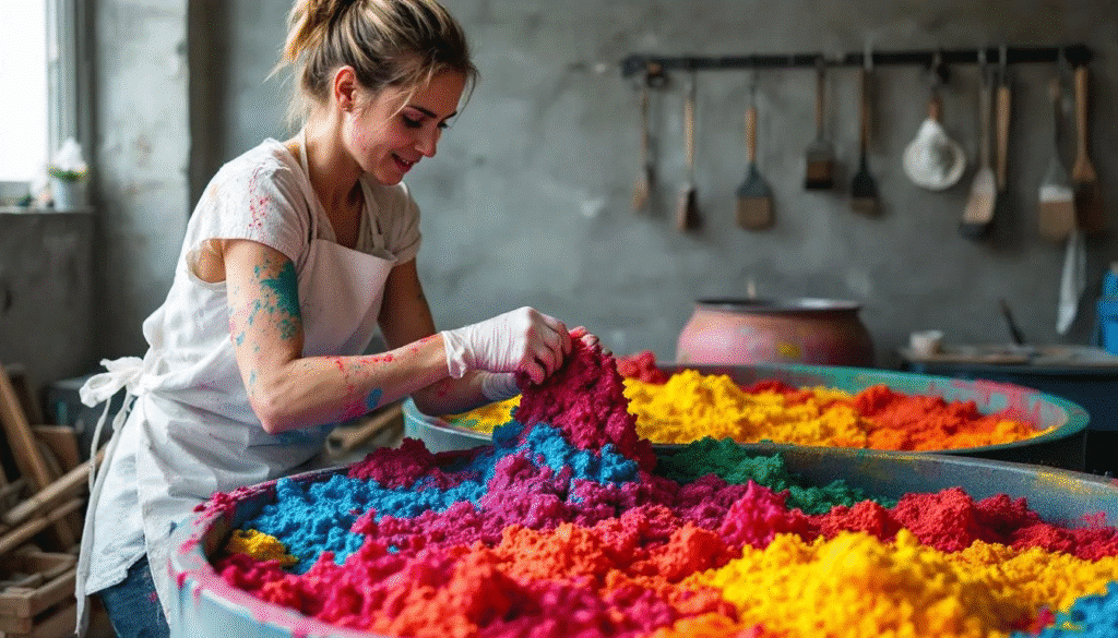 An artist is immersed in the process of hand papermaking, skillfully mixing vibrant paper pulp in large vats, surrounded by various recycled materials. The scene captures the essence of creativity as the artist explores new shapes and forms, transforming fibers into unique sheets of handmade paper.