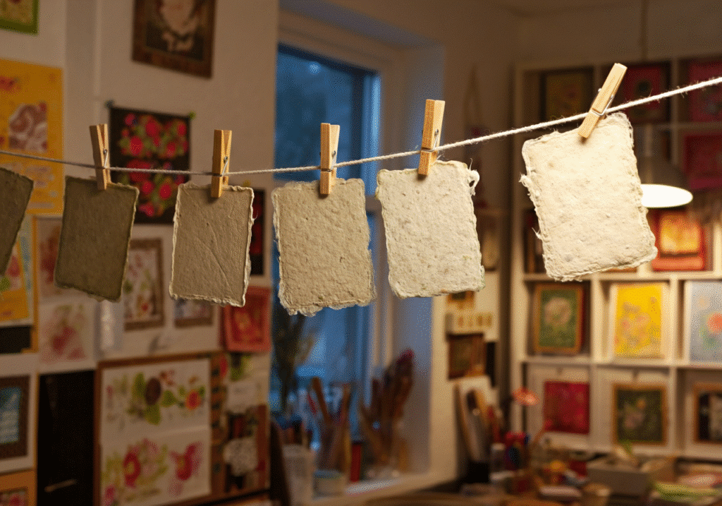 In the image, several sheets of homemade paper are hanging on a clothesline, spaced properly to allow for air circulation during the drying process. The wet paper is suspended vertically, ensuring that each sheet dries evenly while preventing them from sticking together.