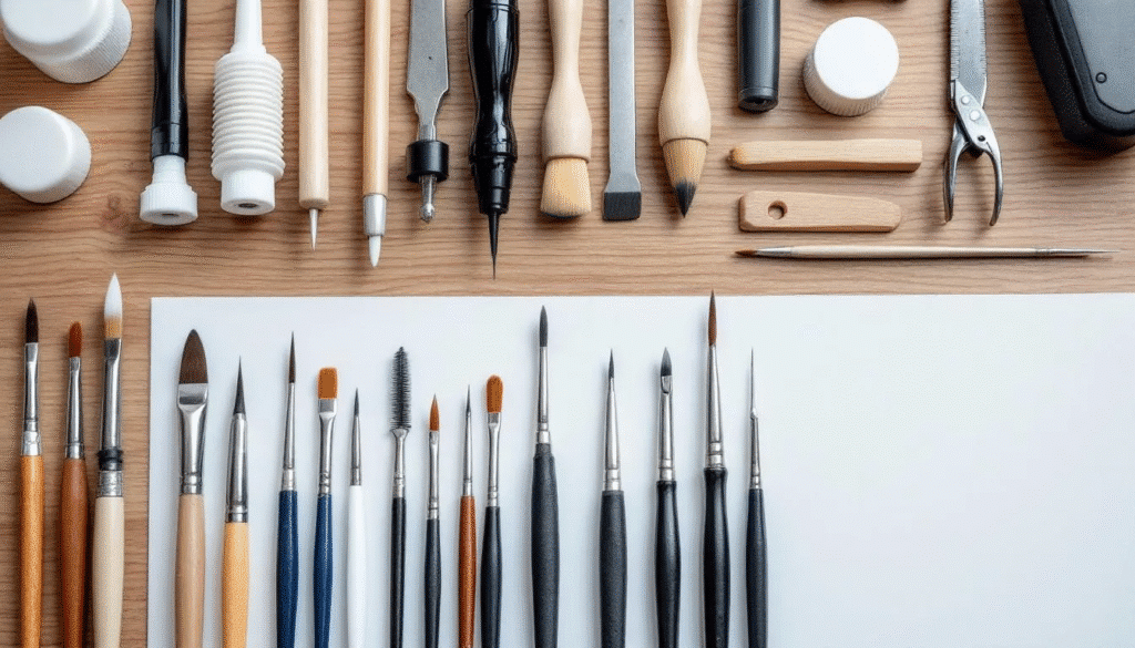 An organized workspace features various precision glue applicators, brushes, and modeling tools, including hot glue guns, glue sticks, and craft glues, ideal for paper projects and paper modeling. The setup is designed for meticulous application of adhesives like tacky glue and PVA glue, perfect for creating intricate paper crafts and models.