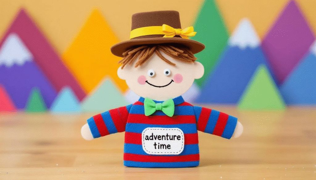 Adding personality simply paper crafts The image showcases a colorful paper doll puppet dressed in a vibrant cape and a whimsical hat embodying the spirit of a brave explorer Surrounding the puppet are various crafting materials like buttons yarn and glitter which highlight the added personal touches that make this family friendly project unique and engaging