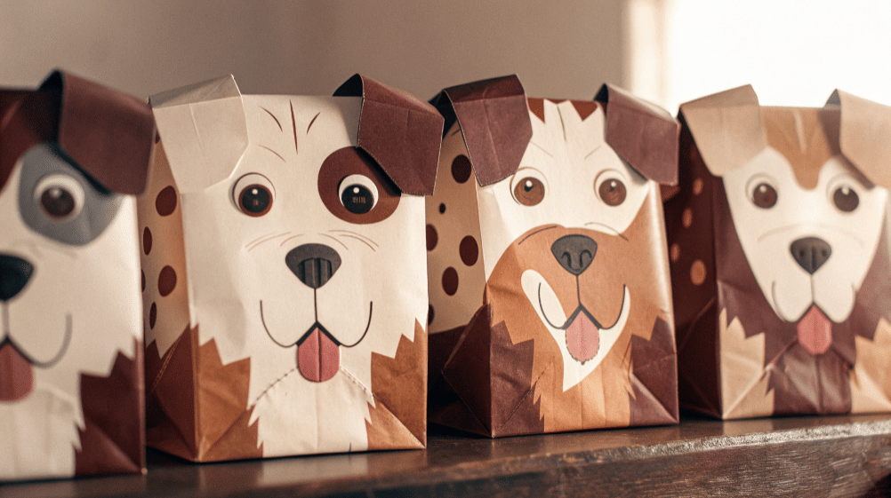 Brown paper bag puppet simply paper crafts The image features a colorful collection of dog paper bag puppets each uniquely designed with different patterns and colors showcasing their adorable ears noses and playful tongues This vibrant display highlights the fun and creativity of making these simple paper bag puppets perfect for kids who love dogs and enjoy crafting