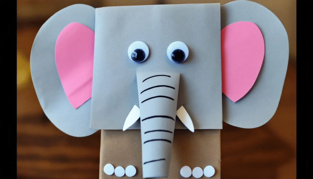 Closeup elephant paper bag puppet simply paper crafts The image shows a colorful elephant paper bag puppet being assembled with its floppy ears and trunk positioned on a flat paper lunch bag The puppet features drawn eyes and is ready for imaginative play showcasing a fun project that encourages creativity and fine motor skills for kids