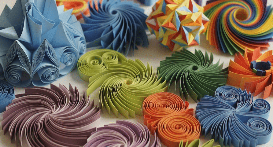 Colorful paper twisting simply paper crafts A colorful display of various paper twisting designs showcasing creativity