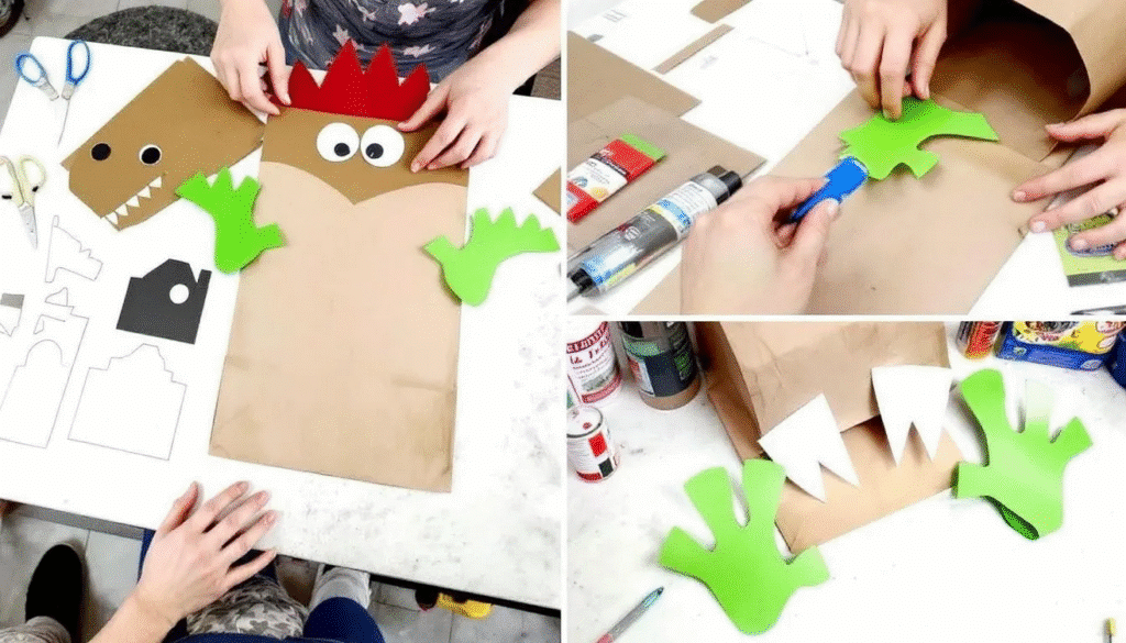 Creating the dinosaur puppet simply paper crafts The image shows the step by step process of creating a dinosaur puppet from a brown paper bag featuring cut out pieces like the dinosaur's head, body, and limbs made from colored paper. This engaging dinosaur craft encourages imaginative play and helps develop fine motor skills in children as they assemble their own paper bag dinosaur puppet.