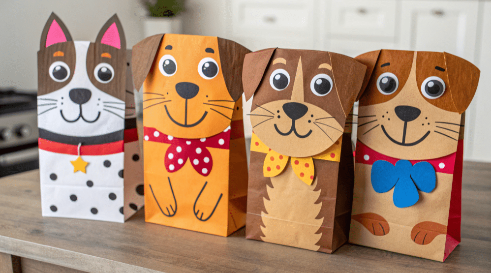 Customising your dog puppet simply paper crafts The image showcases a vibrant and creative dog paper bag puppet featuring various colors and textures that represent different dog breeds Children can be seen adding fun details like patterns whiskers and accessories making this a perfect craft for imaginative play and storytelling