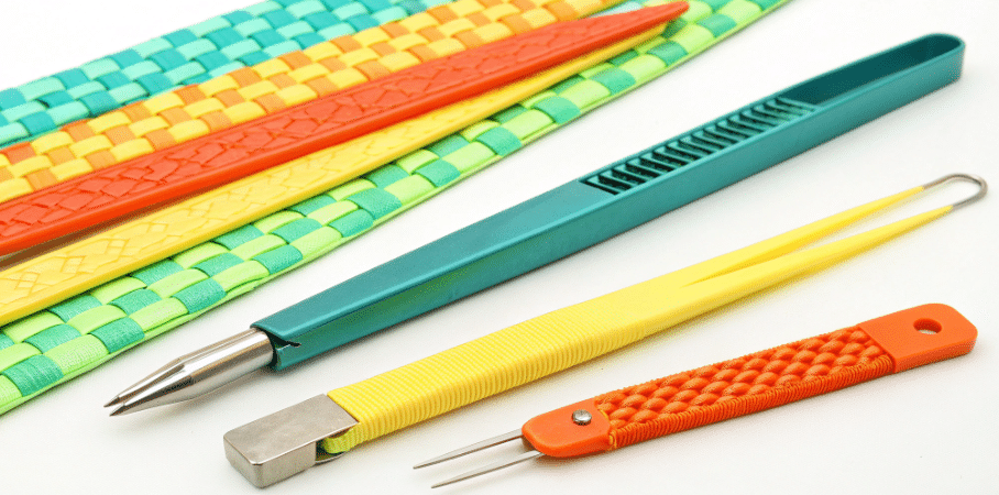 Different types of paper weaving tools simply paper crafts The image showcases various types of paper weaving tools including a long metal needle tool with a clip for securing paper strips and a German paper weaving tool resembling tweezers designed for ease of use in tight spots These tools enhance the paper weaving process making it more efficient and enjoyable for artists and crafters alike