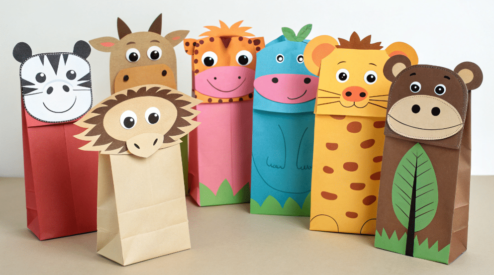 Fun ideas simply paper crafts The image showcases a variety of colorful paper bag animal puppets including farm animals like cows and pigs zoo creatures such as lions and monkeys and ocean life like sharks and octopuses all crafted from simple materials like colored paper and construction paper Each puppet features playful designs that inspire creativity and imaginative play for kids