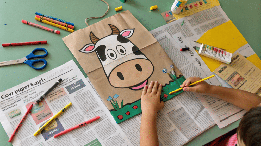 Getting ready simply paper crafts The image depicts a colorful workspace set up for crafting a cow paper bag puppet with a printed cow template on a table covered in newspaper Crayons and scissors are scattered around inviting children to express their creativity by coloring and assembling their own unique paper bag cow crafts