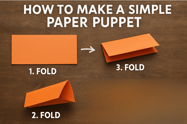 How to make a simple paper puppet simply paper crafts The image depicts a step by step guide on creating a simple paper puppet using a rectangular sheet of construction paper The folded paper takes the shape of an 'M', designed to fit fingers inside for a puppet's mouth, illustrating the fun and creativity involved in making puppets for kids.