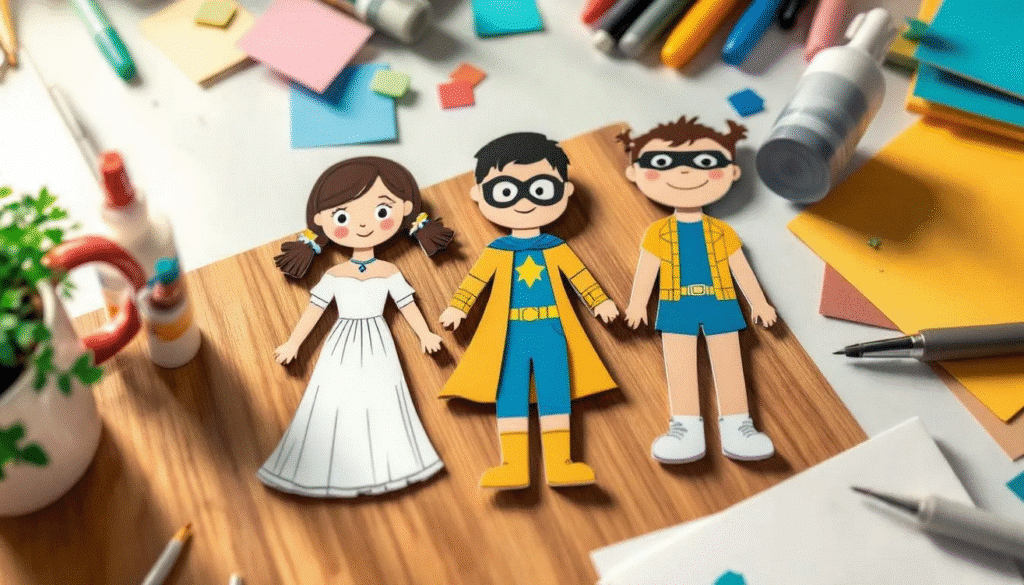 Paper doll puppet characters simply paper crafts The image features a colorful assortment of paper doll puppets showcasing various characters like a classic doll a superhero and a silly monster all cut out and ready for play These creative figures are arranged on a cart highlighting the fun and family friendly activities they inspire such as storytelling and educational games