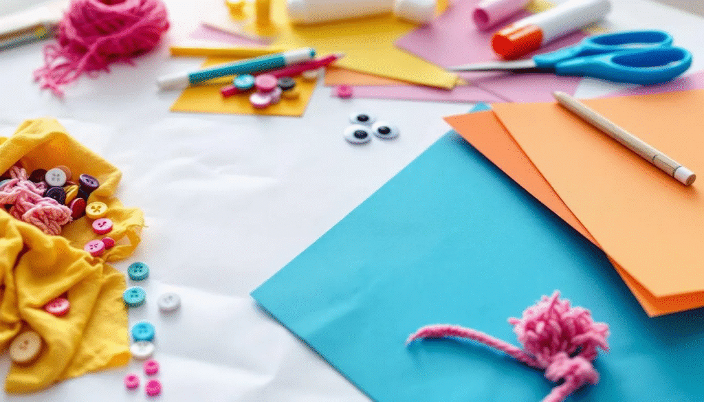 Paper puppet craft getting started simply paper crafts The image shows a collection of crafting materials laid out on a table including colorful construction paper scissors glue markers googly eyes and various fabric scraps ready for making paper puppets This setup invites creativity and fun for kids and older children alike as they prepare to fold and decorate their own unique puppet characters