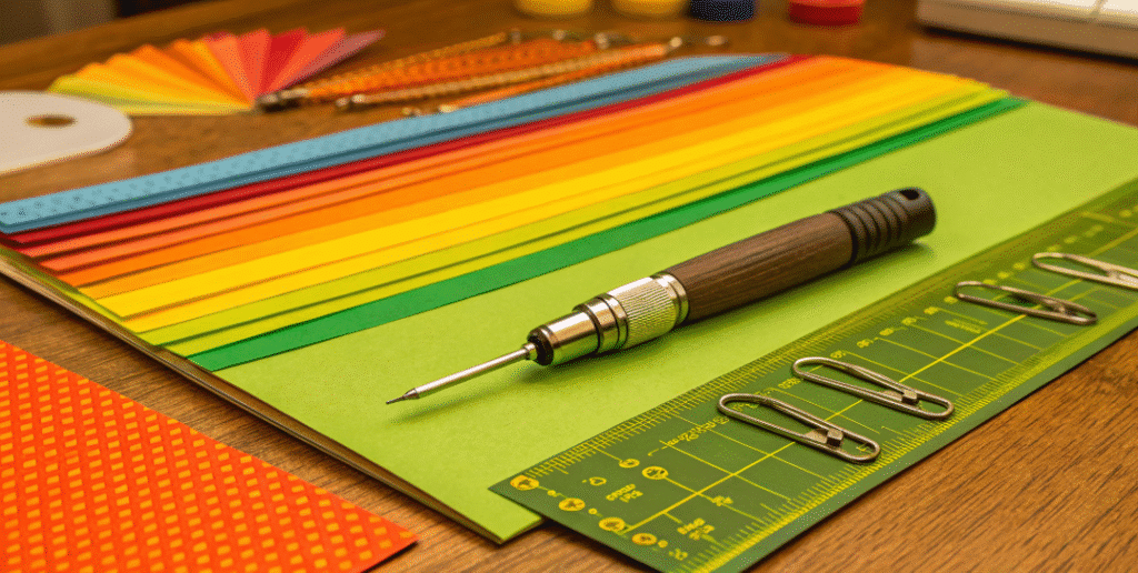 Paper weaving tools simply paper crafts The image showcases a variety of paper weaving tools including a needle and clips arranged neatly on a table alongside colorful paper strips of different materials This setup highlights how using the right weaving tool can enhance the crafting experience making it easier to create intricate designs and embellishments