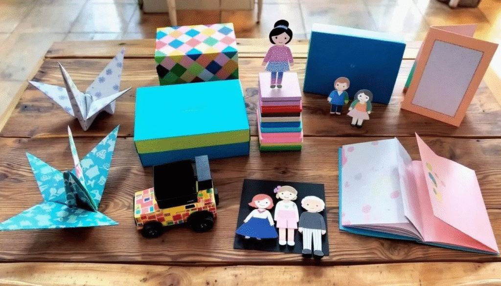 Papercraft projects simply paper crafts The image showcases a variety of papercraft projects including colorful origami paper cranes stylish paper dolls dressed in unique outfits and intricate D models of vehicles and buildings It highlights the creativity and fun of paper crafts featuring pop up cards and various templates suitable for all skill levels encouraging both kids and adults to explore their artistic side