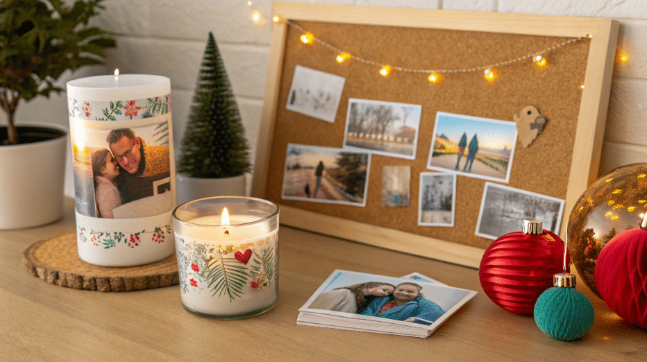 Photo crafts simply paper crafts The image showcases a variety of photo crafts including personalized photo candles photo ornaments and a colorful photo collage displayed on a cork board These creative projects highlight special family photos and memories making them perfect gifts for loved ones and a charming way to decorate your home