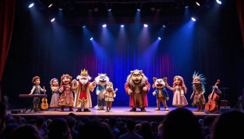 Puppet theatre characters simply paper crafts The image showcases a vibrant puppet theatre performance featuring a variety of puppet characters including marionettes and hand puppets animated by skilled puppeteers on a spacious stage The scene is alive with colorful costumes dynamic movement and the enchanting presence of live music captivating both children and adults in the audience