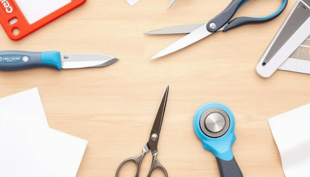 Right cutting tool simply paper crafts The image depicts various cutting tools arranged on a table including a rotary cutter scissors and a paper trimmer all set against a backdrop of art paper and card stock This scene emphasizes the importance of using the right cutting tool for achieving precise cuts and clean edges in crafting projects