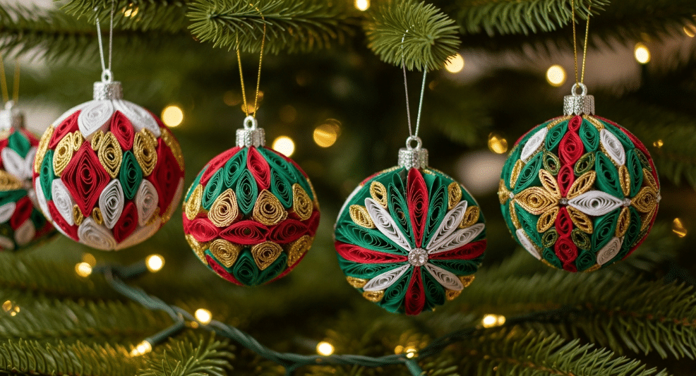 Rolled paper christmas ornaments simply paper crafts Festive rolled paper Christmas ornaments hanging on a tree