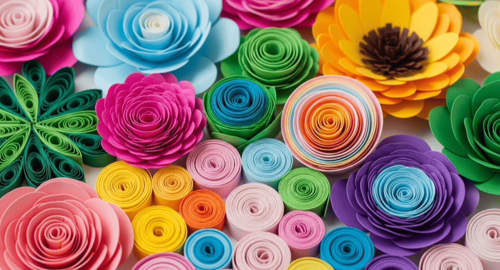 Rolled paper flowers simply paper crafts Colorful rolled paper flowers in various shapes and sizes