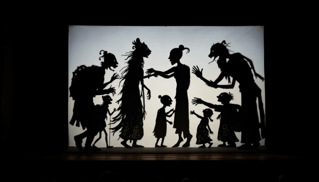 Shadow puppet simply paper crafts The image depicts a captivating shadow puppetry performance showcasing intricate silhouettes of puppet characters on a lit screen with two puppeteers skillfully manipulating hand puppets and rod puppets The scene is alive with imagination as the audience is drawn into the enchanting world of storytelling through light and shadow