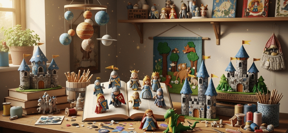 Storybook crafts simply paper crafts A detailed high resolution photograph of a cozy well lit room with a variety of storybook crafts arranged throughout