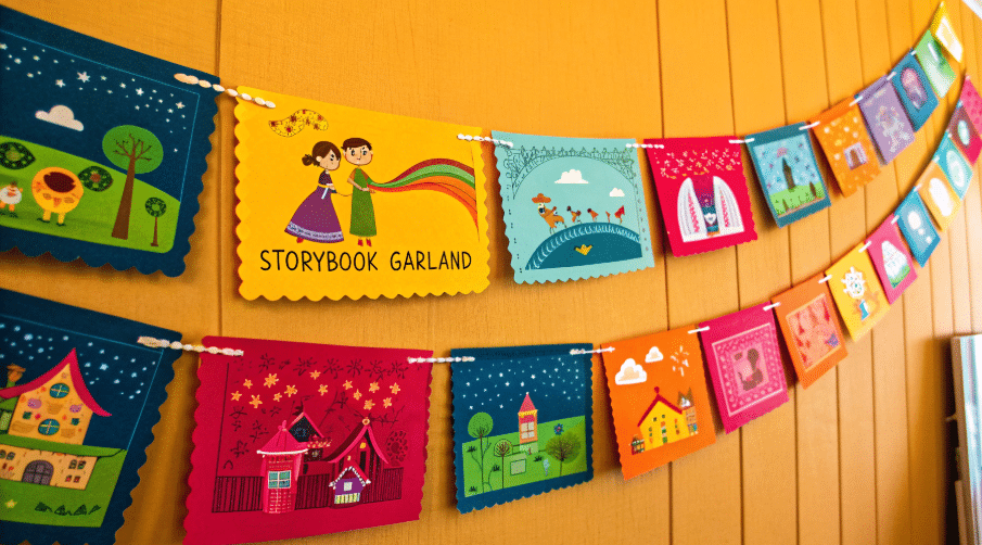 Storybook garland simply paper crafts A colorful storybook garland made from paper perfect for children's rooms or parties.