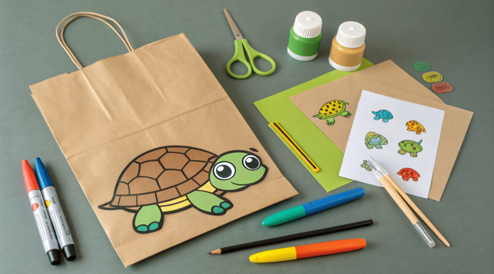 Turtle paper bag craft supplies simply paper crafts The image shows a collection of craft supplies needed to create a turtle paper bag puppet including a brown paper bag scissors glue markers and a printable turtle template This fun activity encourages creativity and imaginative play for kids providing hours of entertainment as they craft their own cute puppet