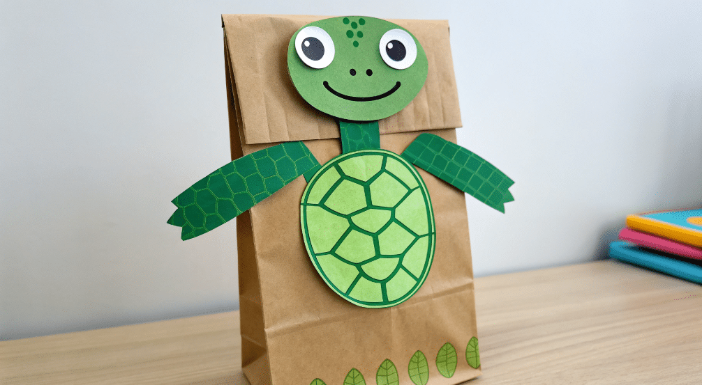 Turtle paper bag design simply paper crafts The image features a colorful turtle paper bag puppet crafted from a brown paper bag complete with green limbs a shell and a friendly smile This engaging turtle craft encourages creativity and imaginative play among kids making it a fun activity for preschoolers and students alike