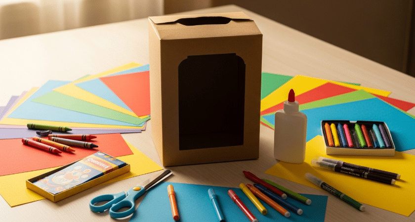 What youll need simply paper crafts The image shows a collection of materials needed to create a puppet theater including a sturdy cereal box colorful paper scissors glue and various decorating tools like crayons and markers These items are arranged on a table ready for kids and families to start crafting their own paper puppets and imaginative stories