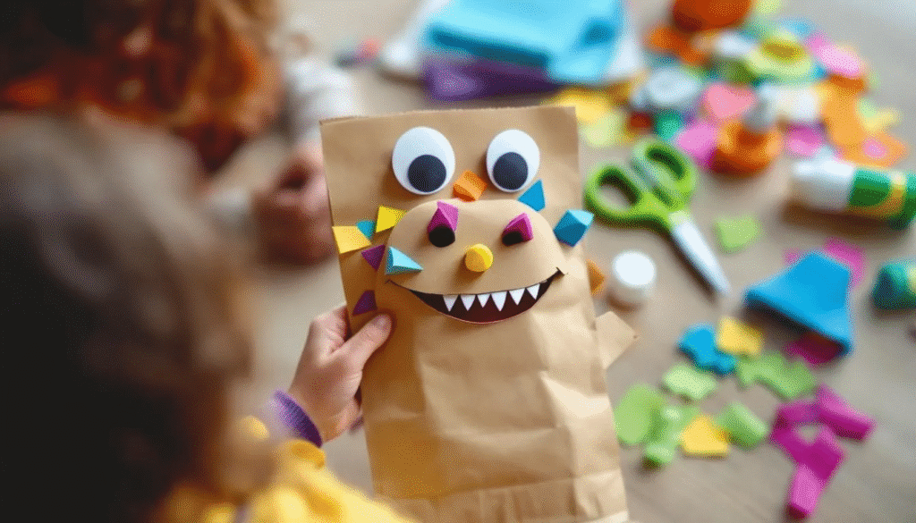 Image simply paper crafts The image depicts a colorful paper bag dinosaur puppet crafted from a brown paper bag featuring vibrant decorations and googly eyes ready for imaginative play Surrounding the puppet are various craft supplies like colored paper crayons and a free printable template showcasing a fun and creative dinosaur craft project for kids
