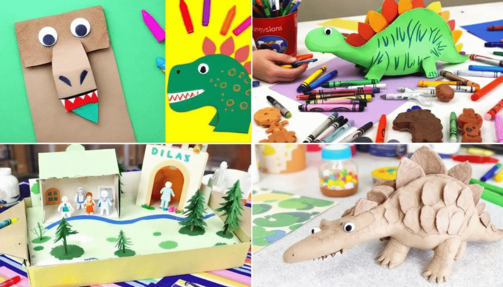 Image simply paper crafts The image features a colorful collection of dinosaur crafts including a brown paper bag dinosaur puppet various dinosaur figures made from colored paper and a diorama setup in a decorated shoe box This creative display showcases the imaginative play and artistic skills of kids as they explore different dinosaur species and craft projects