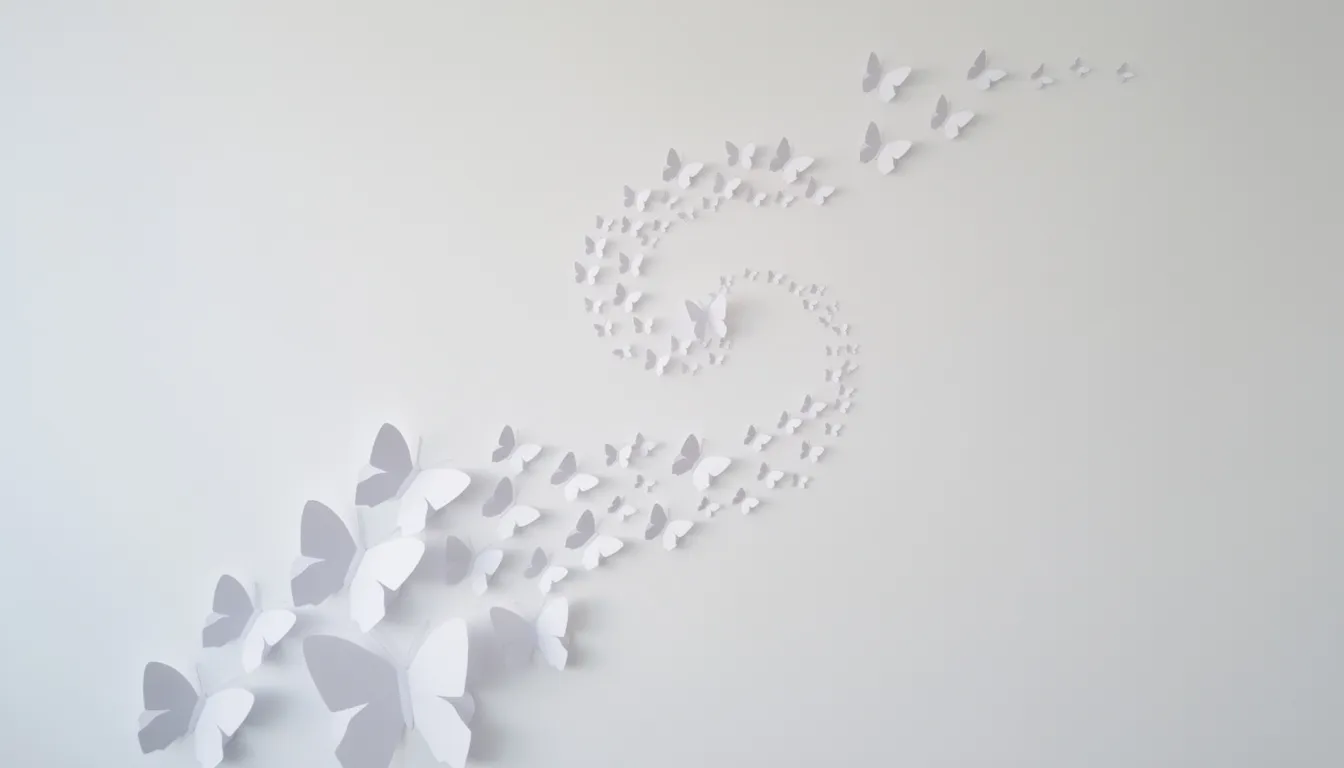 A collection of colorful paper butterflies in various sizes is arranged in a whimsical flying spiral pattern on a white wall creating a cute and creative wall decoration that adds a wonderful touch to any room This super easy DIY paper craft idea is perfect for brightening up your space
