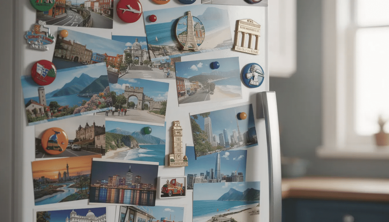 1b0c4e9e c7ff 4c35 b84a 091a4f39e38e The image features a refrigerator door adorned with a vibrant collection of postcards from various destinations each pinned with colorful magnets These postcards showcase local landmarks and personal messages creating a fun display that reflects the sender's creativity and love for travel.