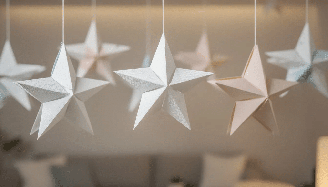 21fadac4 edb6 424a 8117 db44f62f5a3f The image features colorful geometric paper stars hanging from the ceiling creating a festive atmosphere perfect for a birthday party or home decor These DIY paper decorations made from tissue paper showcase various patterns and add a cute touch to the space demonstrating how easy it is to make fun paper crafts