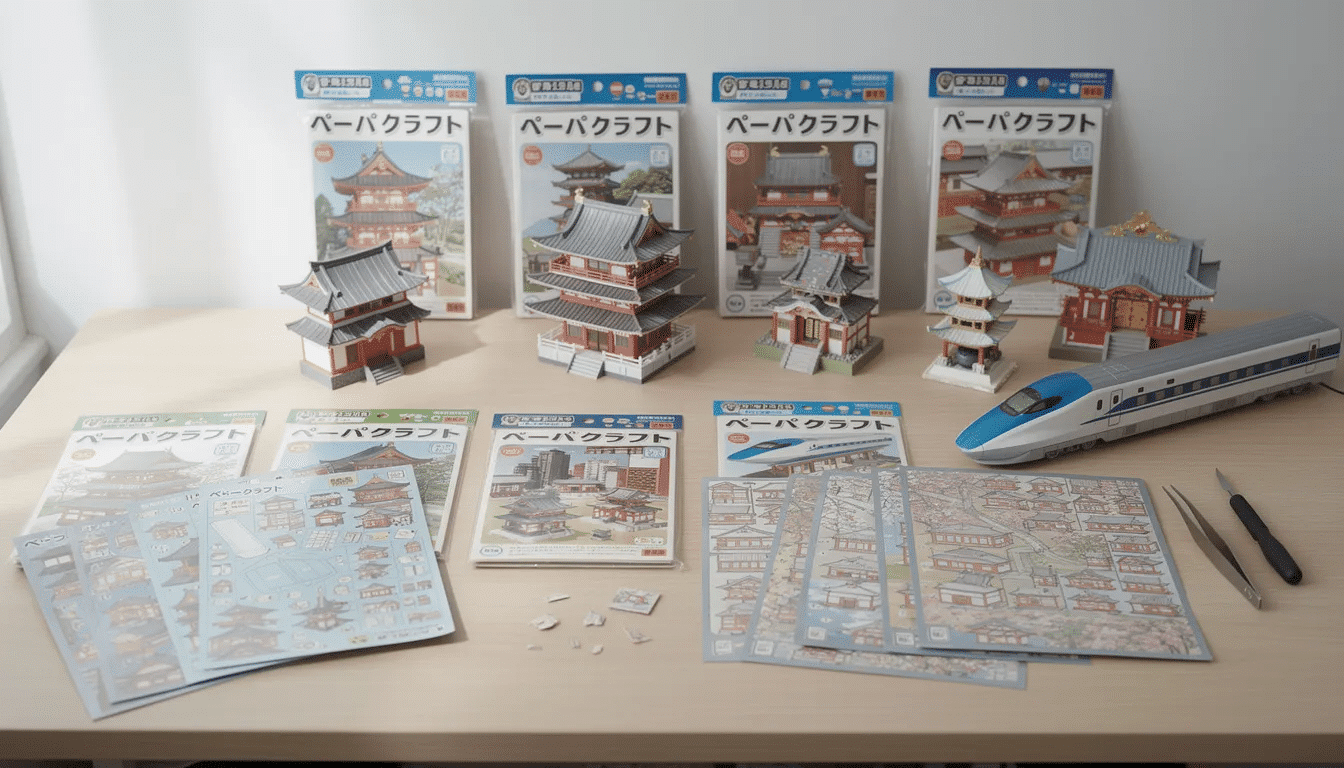 The image showcases an array of Japanese paper model kits featuring intricate designs of anime characters and traditional buildings perfect for creativity and fun These kits made from high quality paper stock require careful assembly with glue and tweezers allowing enthusiasts to explore their passion for origami and model making